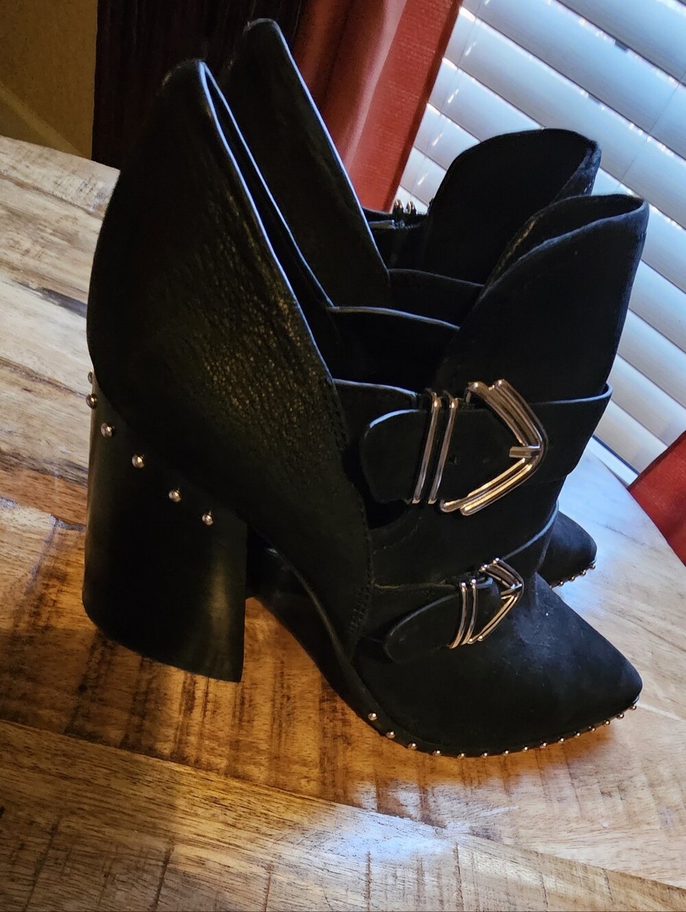 Gianni Bini Black Pointed Suede Ankle Booties with Silver Buckles - Picture 2 of 5